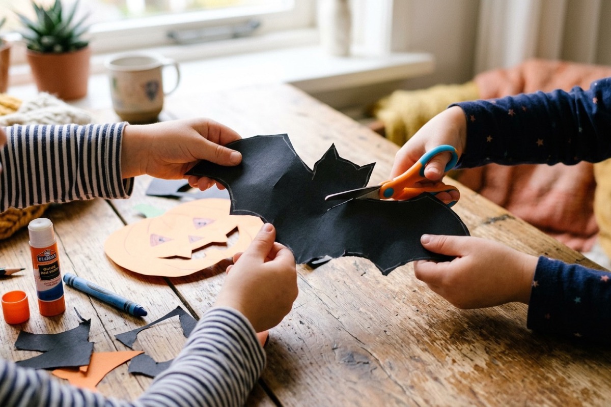 Kinderhanden knippen een zwarte vleermuis uit zwart papier aan een knutseltafel met lijm en schaar.