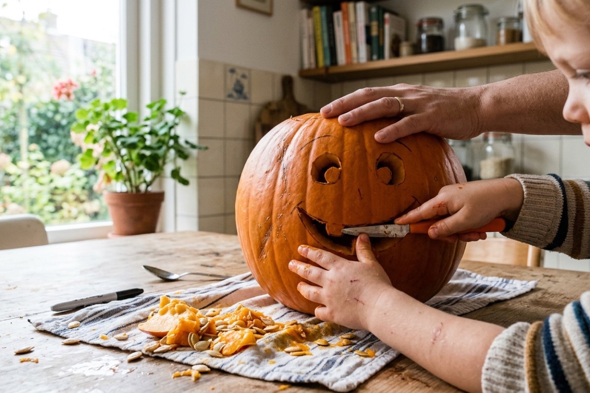 Kinderhanden snijden onder begeleiding een vrolijk pompoengezichtje uit een grote oranje halloweenpompoen.