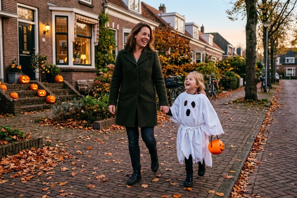 Ouder en kind in een wit spookjeskostuum lopen vrolijk over een Nederlandse buurtstraat in de avondschemer.