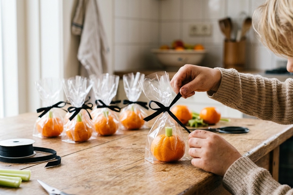 Kinderhanden binden een zwart lintje om cellofaan-zakjes met mandarijn-pompoenen op een houten keukentafel.