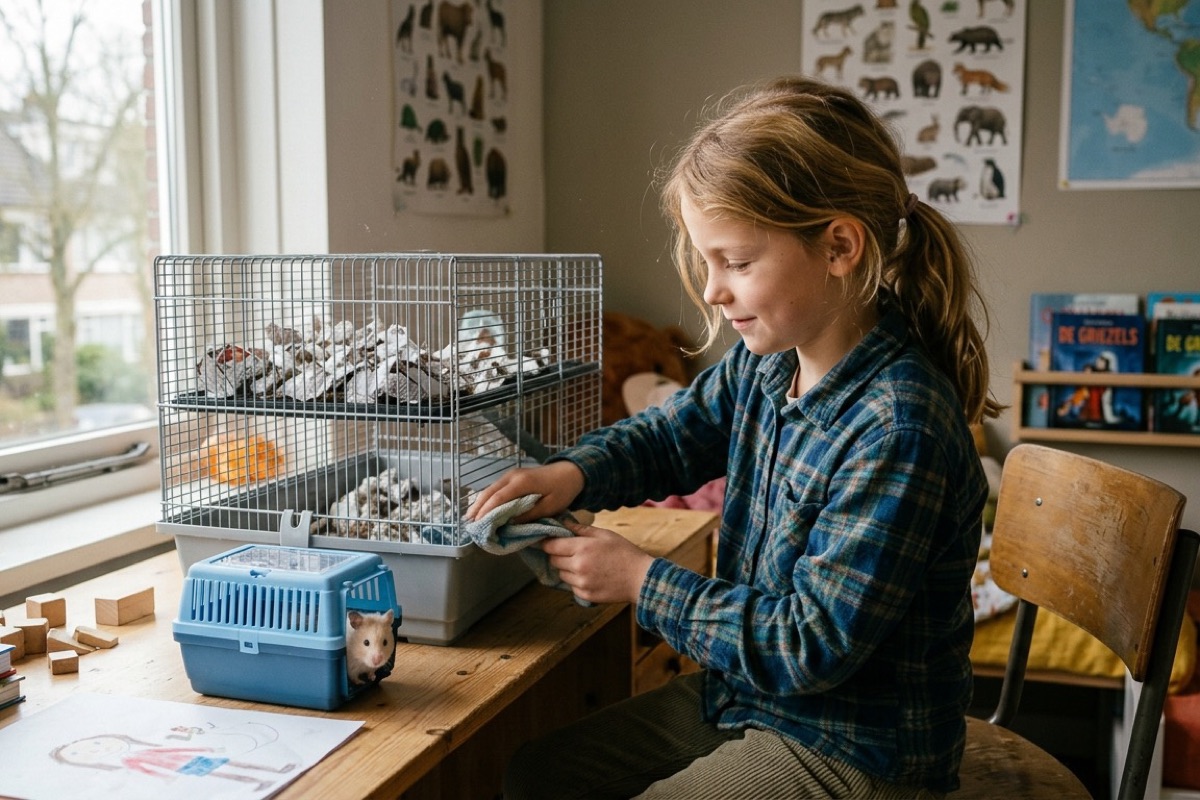 Een 9-jarig kind maakt rustig een hamsterkooi schoon op een bureau in zijn slaapkamer