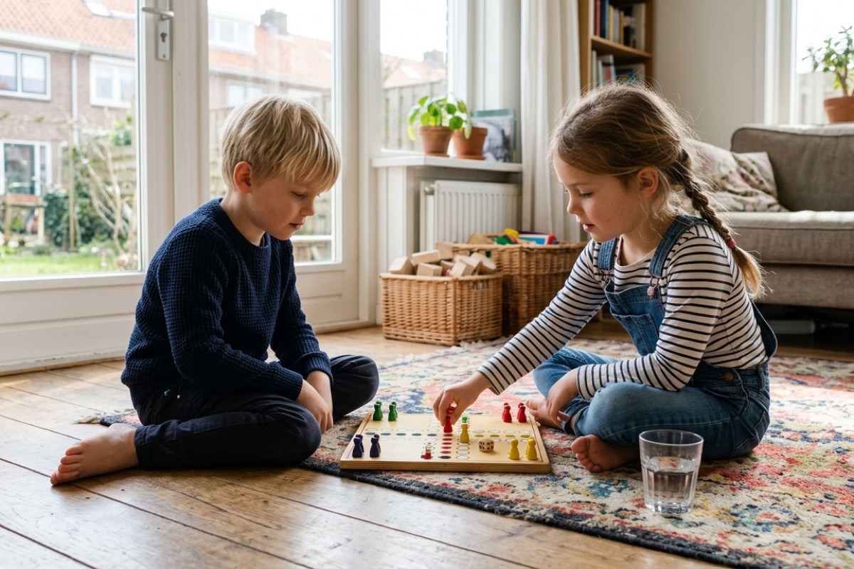 Twee Nederlandse kinderen van zes en zeven spelen samen een bordspel op de woonkamervloer.
