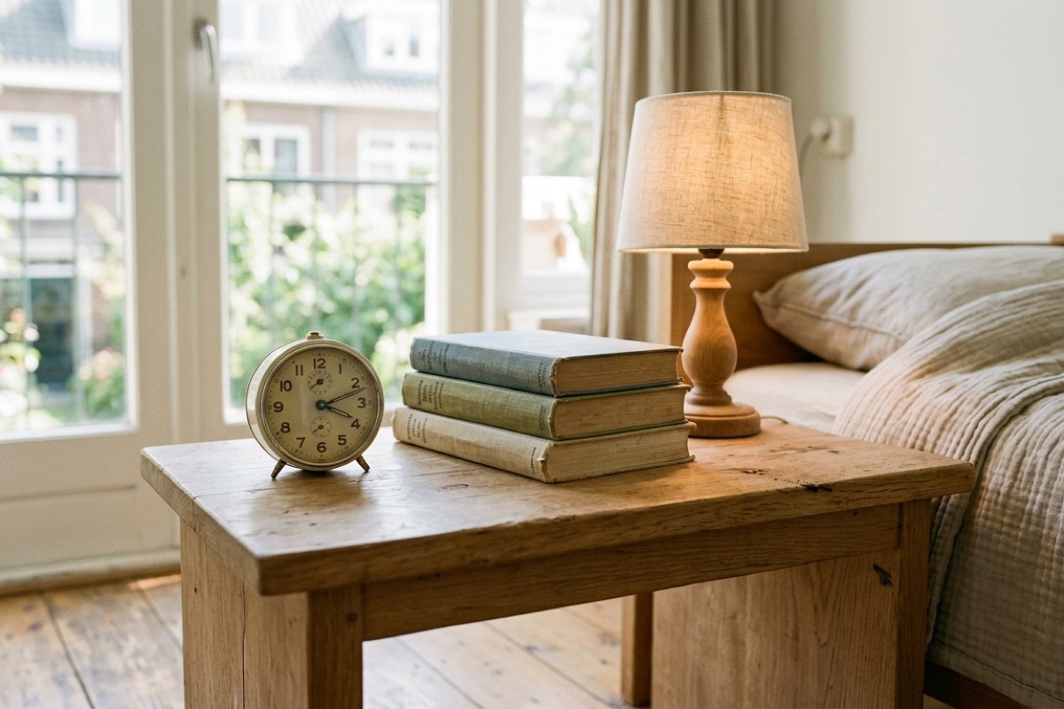 Wekker en stapeltje boeken op een nachtkastje in een lichte, opgeruimde kinderkamer.
