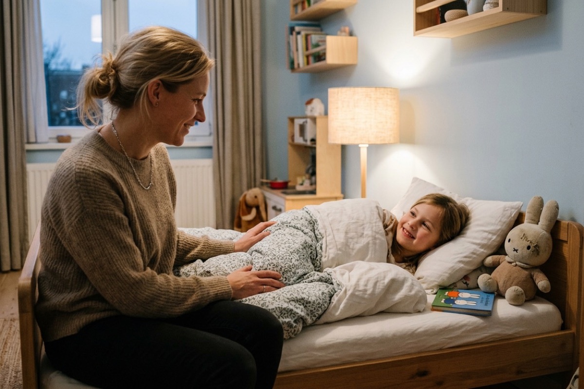 Ouder zit op de rand van het bed bij kind dat in pyjama onder dekentje ligt en glimlacht.