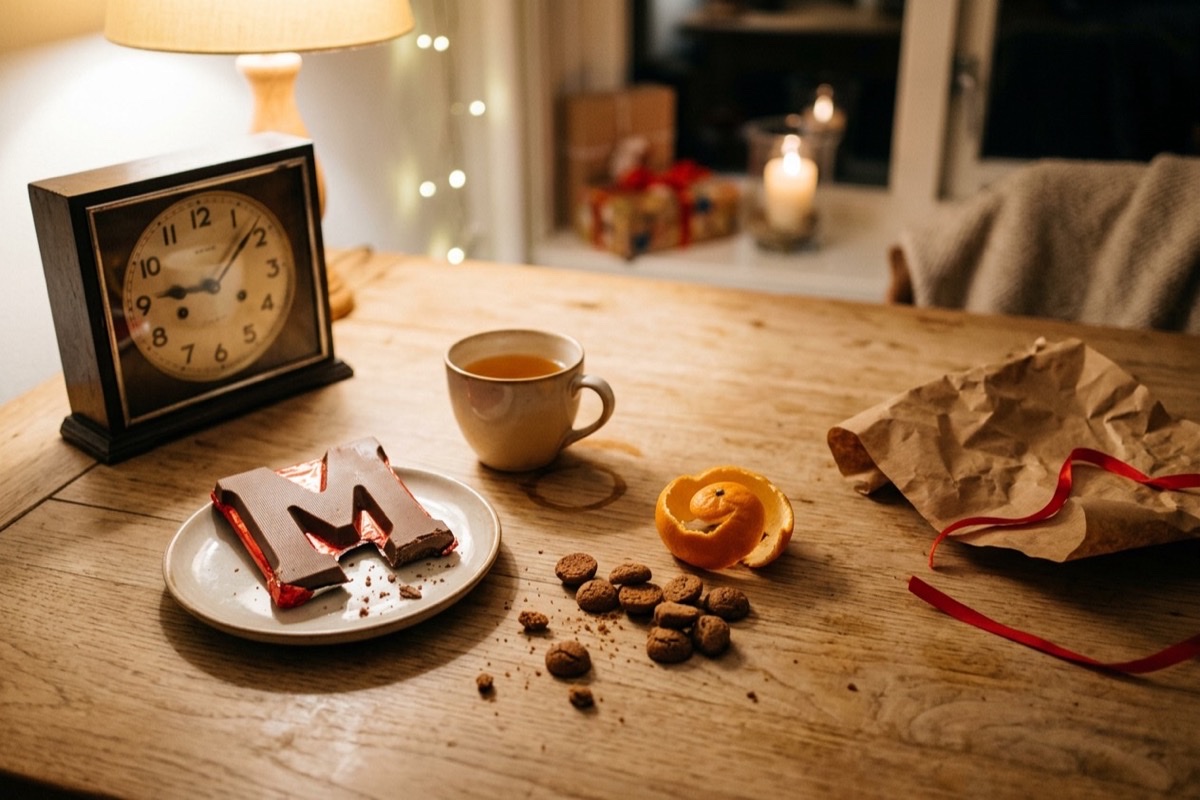 Een tafelklok met een aangesneden chocoladeletter en een mug thee na het einde van pakjesavond
