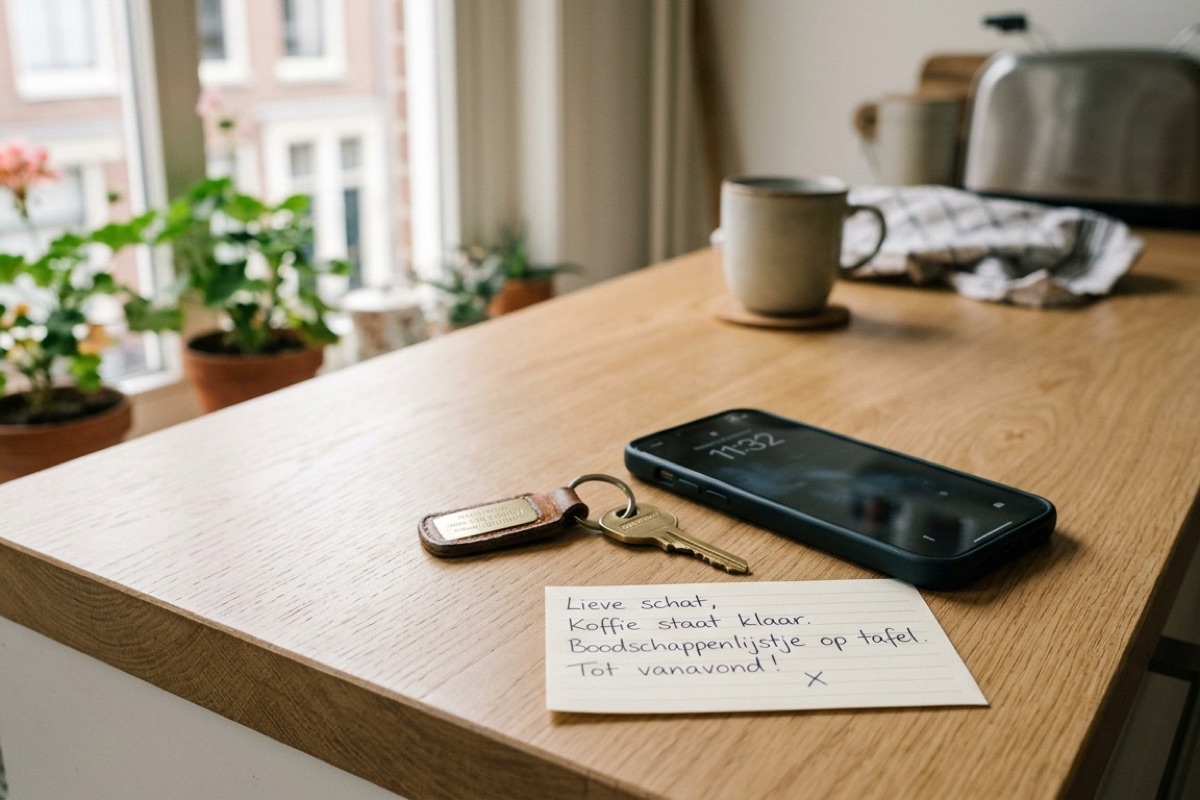 Sleutel en mobiele telefoon liggen op het aanrecht naast een briefje in een zonnige keuken.