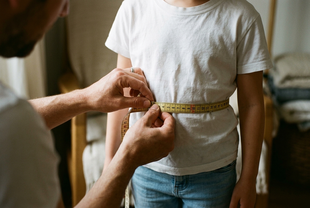 Volwassen handen wikkelen kleermakers-meetlint rond het middel van een kind in wit T-shirt voor het bepalen van de taille-omvang.