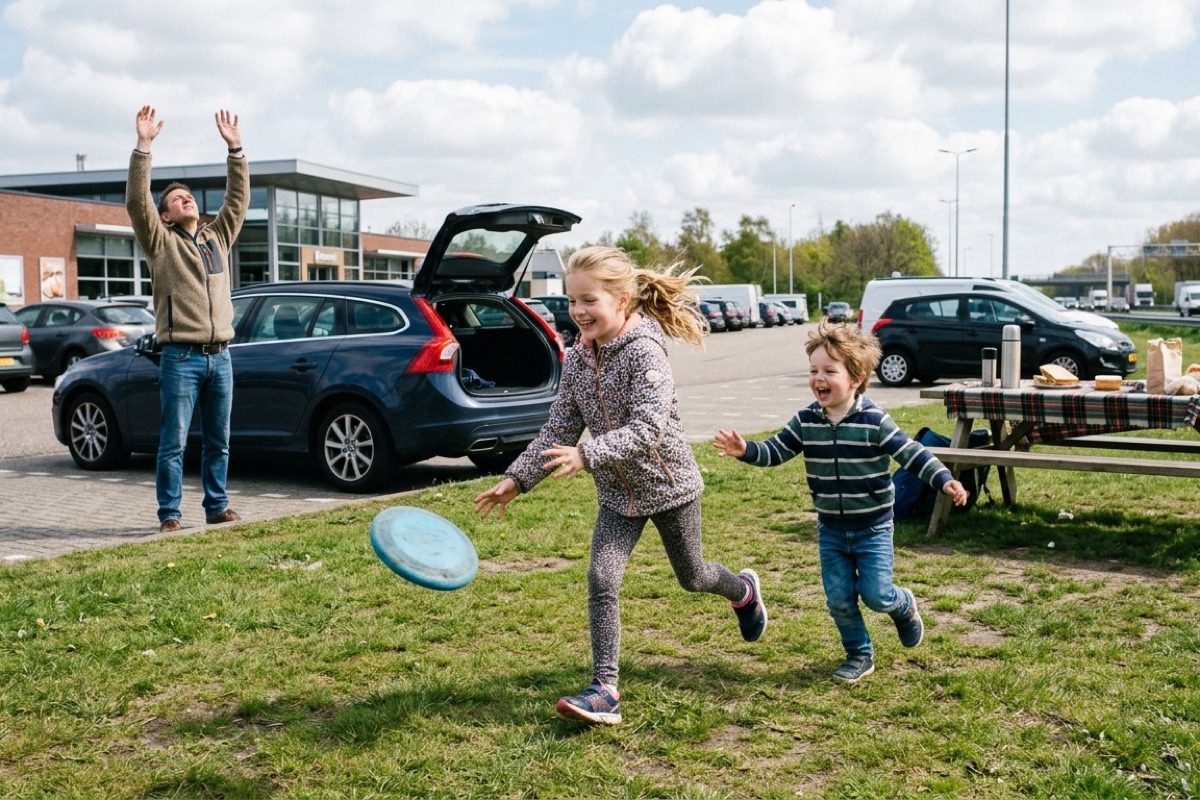 Kinderen rennen achter een frisbee op het gras naast de auto bij een verzorgingsplaats.