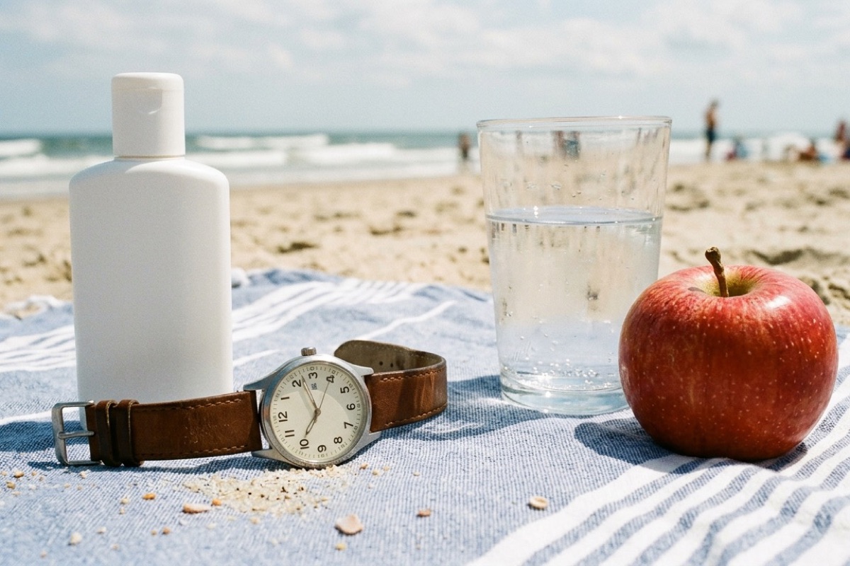 Klok en zonnebrandfles op een handdoek, met een glas water en een appel ernaast.
