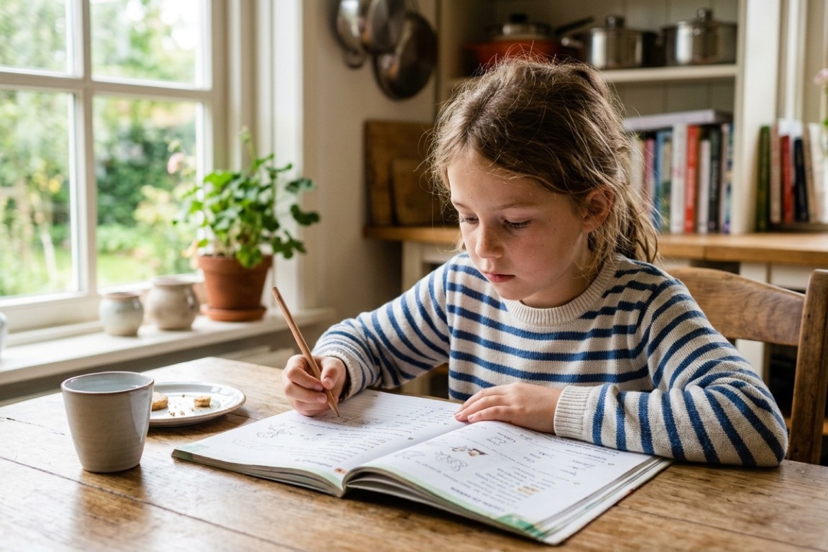 Een leerling van rond de tien jaar werkt geconcentreerd in een schoolboek aan de keukentafel