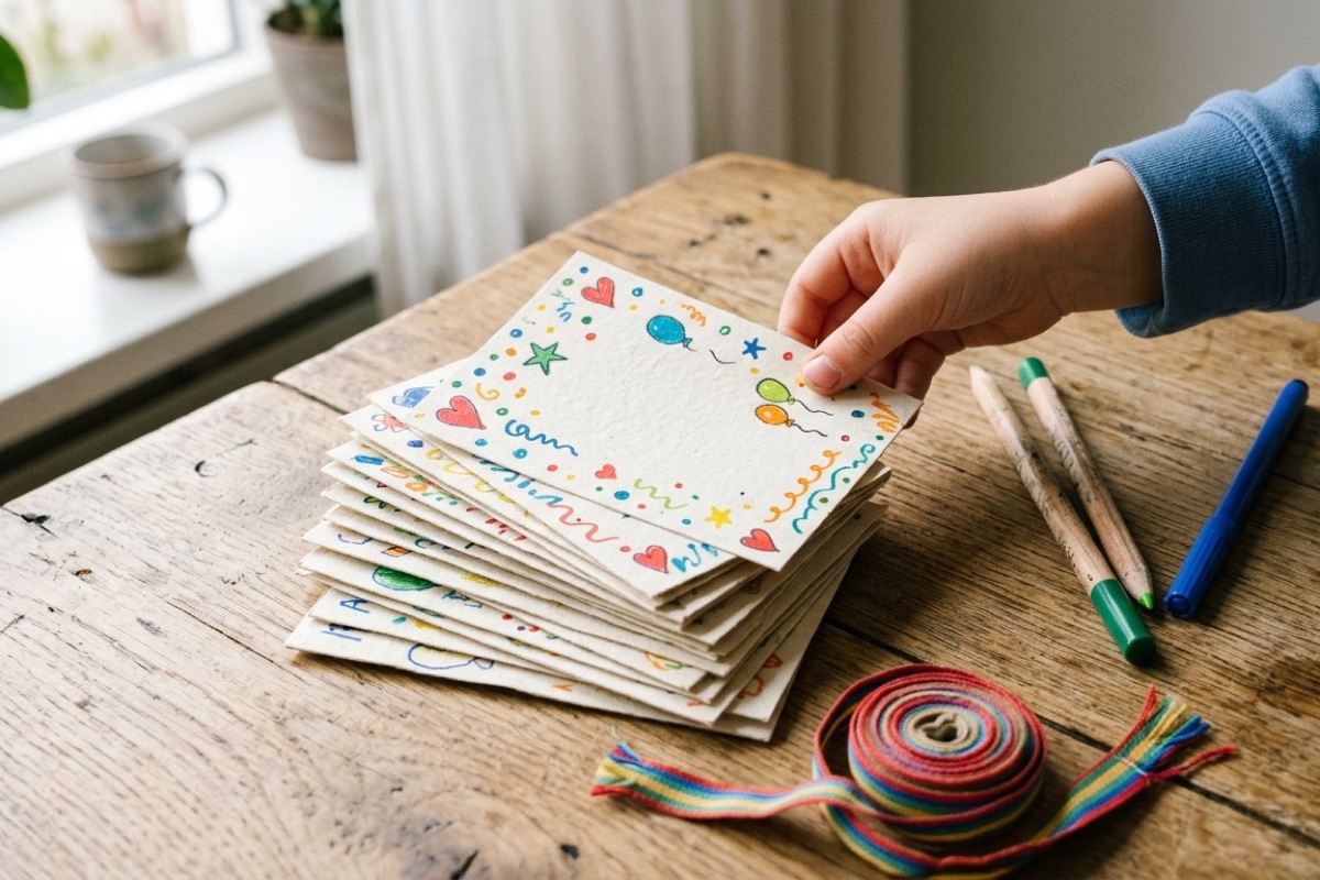 Een kinderhand pakt een handgemaakte uitnodiging van een stapeltje op een houten tafel naast pennen en een lint.