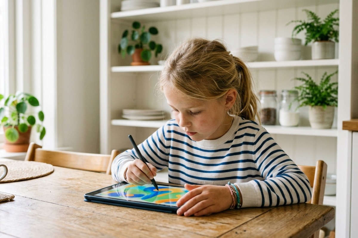 Een leerling van rond de tien tekent geconcentreerd op een tablet aan de keukentafel bij zacht daglicht