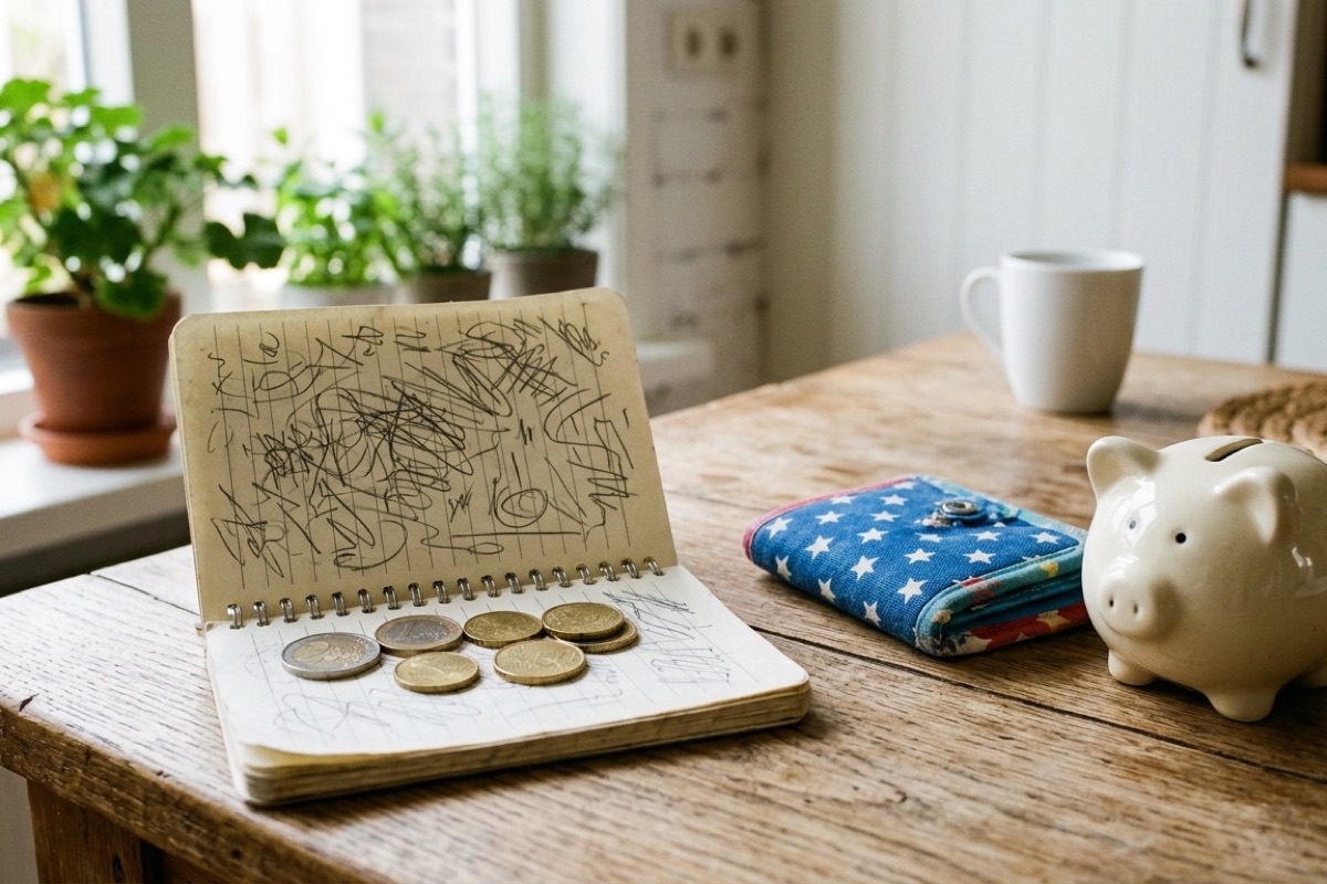 Een open notitieblok met handgeschreven aantekeningen, een paar euromunten, een portemonnee en een spaarpot op een houten tafel