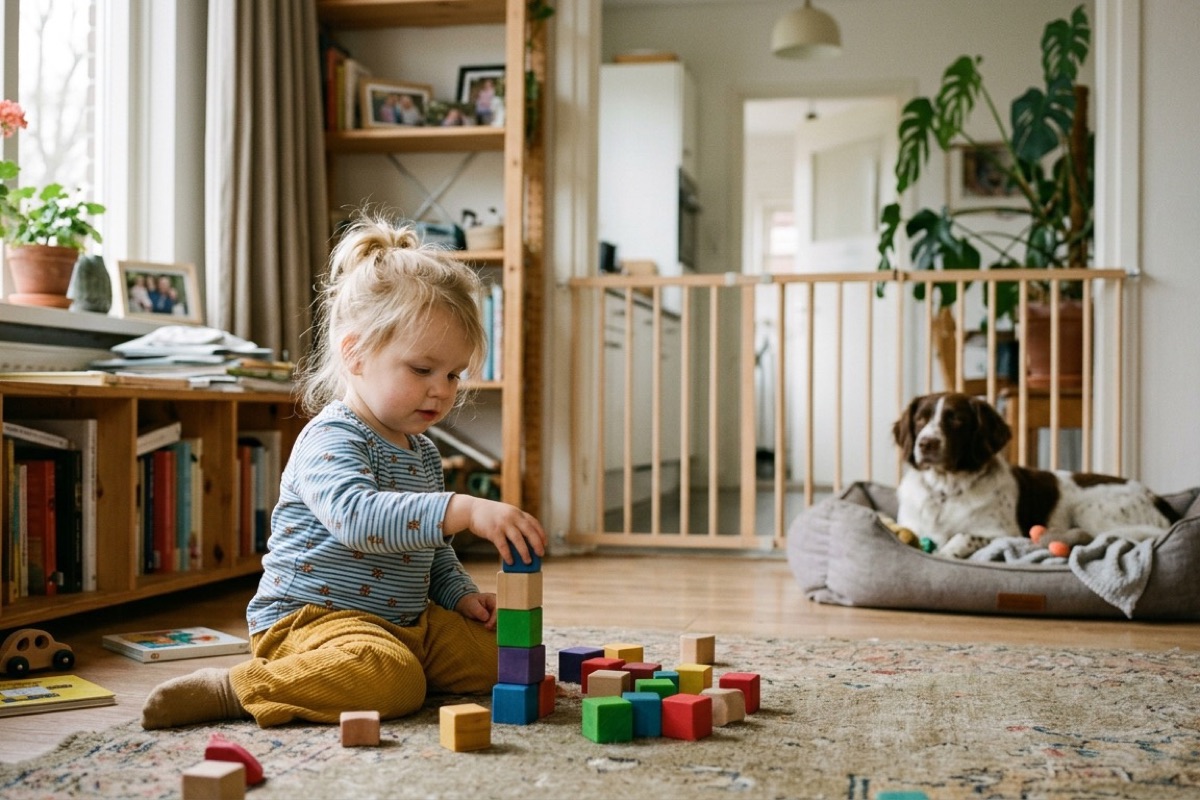 Een Nederlandse peuter speelt met blokken terwijl een hond rustig vanaf zijn mand achter een hekje toekijkt