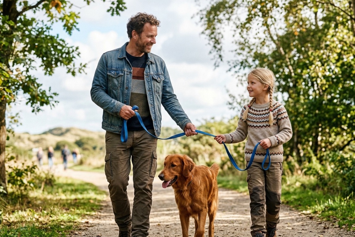 Een ouder en 8-jarig kind oefenen samen het uitlaten van hun hond met de leiband op een rustig pad