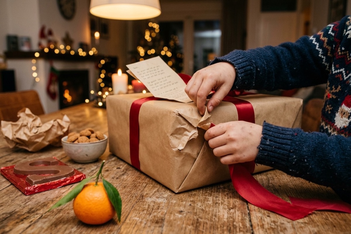 Een grote ingepakt hoofdcadeau in bruin kraftpapier met een rode strik op een houten tafel