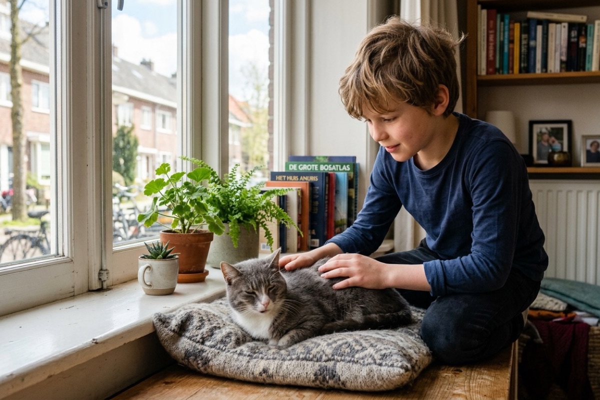 Een meisje aait liefdevol een grote hond op de woonkamervloer