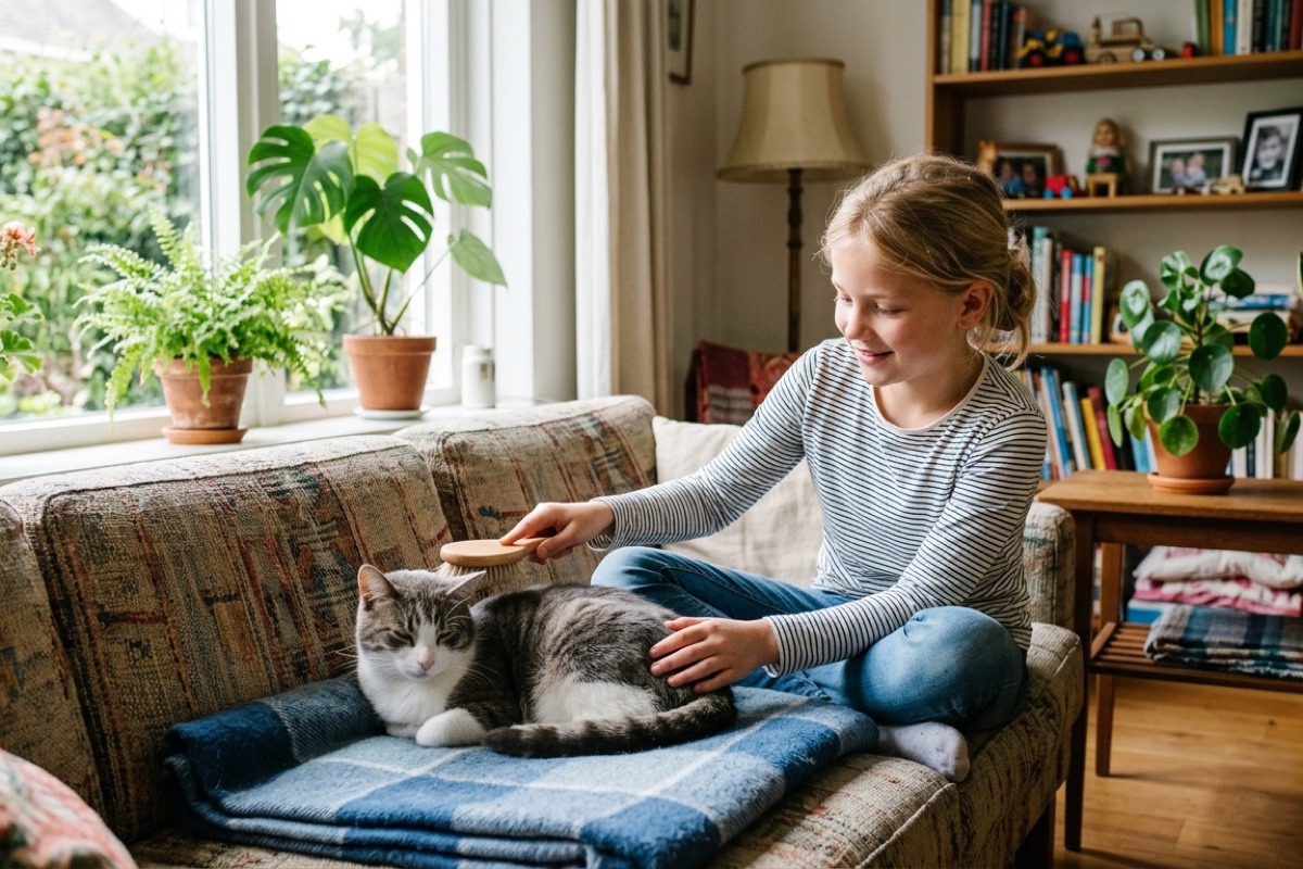 Een 11-jarig kind borstelt rustig een tamme kat op de bank in de woonkamer