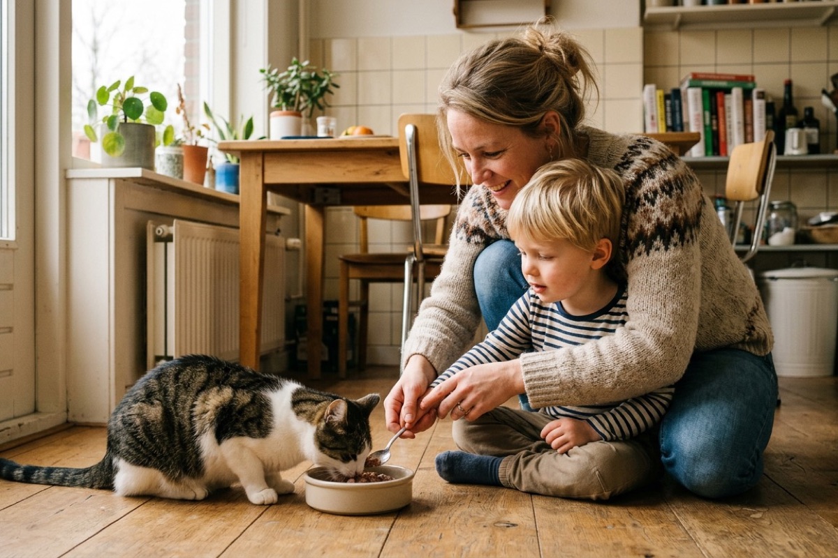 Een ouder helpt een 4-jarig kind om een rustige kat te voeren in de keuken