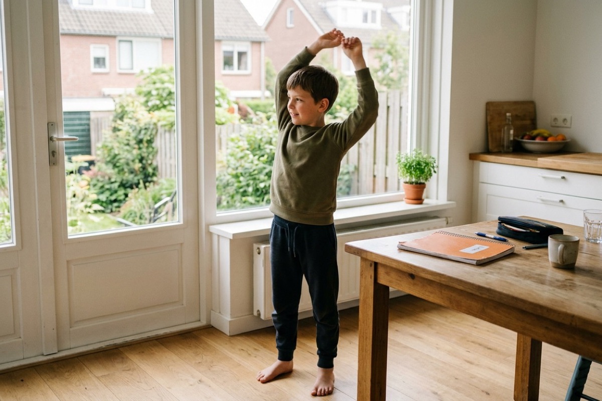 Een kind rekt zich uit bij het raam tijdens een korte huiswerk-pauze in een lichte keuken