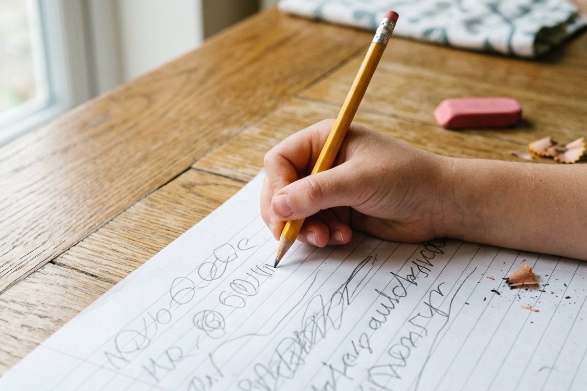 Een kinderhand schrijft met een potlood in een schoolschrift bij zacht middaglicht
