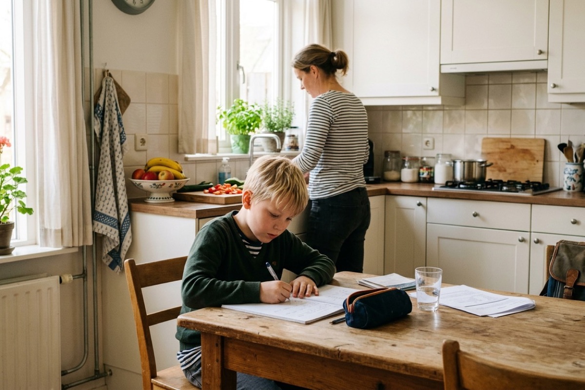 Een kind van rond de tien werkt zelfstandig aan huiswerk aan de keukentafel terwijl een ouder op de achtergrond bezig is