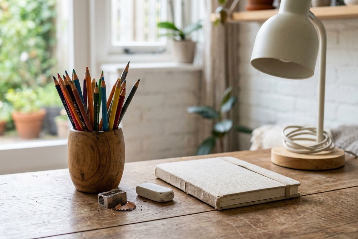 Een wooden bekertje met geslepen kleurpotloden naast een schrift en een bureaulamp bij daglicht