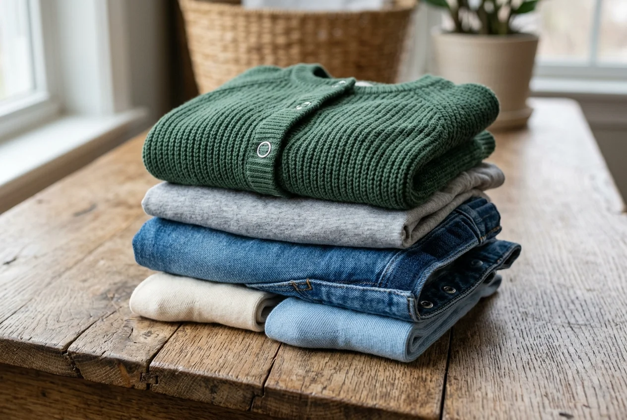 Stapel inclusieve en adaptieve kinderkleding met magneetsluitingen en zachte stoffen op houten oppervlak