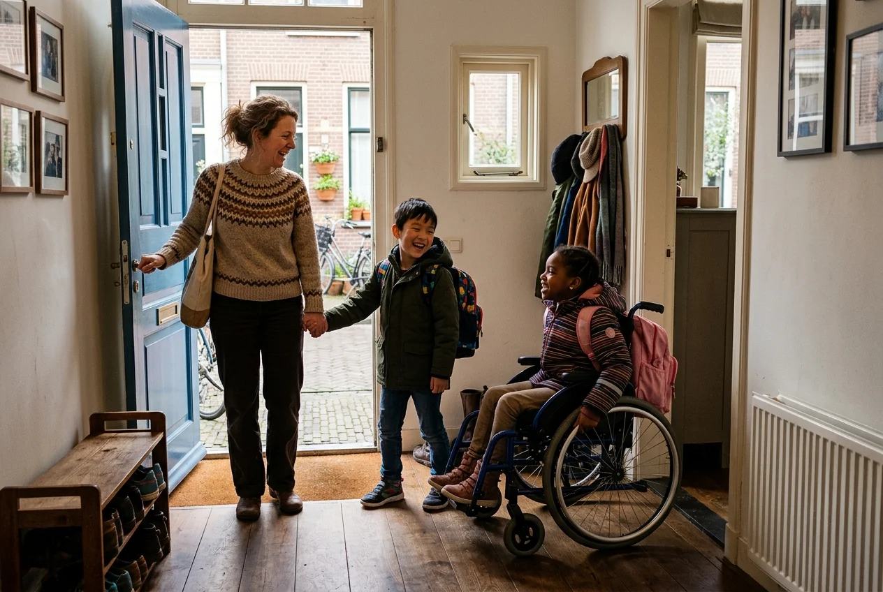 Nederlandse moeder en twee diverse kinderen — één in rolstoel, één lopend — samen thuis na school