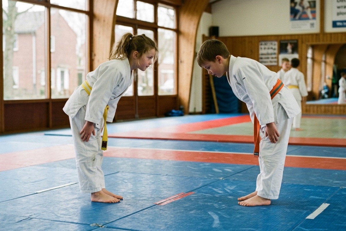 Twee kinderen in wit judopak met gele en oranje banden buigen voor elkaar op een blauwe judomat.