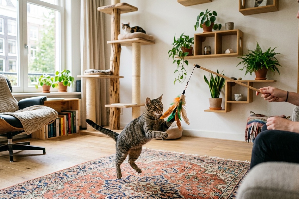 Een actieve binnenkat speelt met een verenstaaf-speeltje in een Nederlandse woonkamer met kattenboom