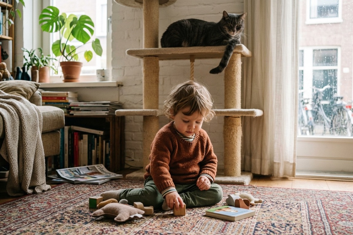 Een Nederlandse peuter speelt rustig met blokken terwijl een kat van bovenaf op een kattenboom toekijkt