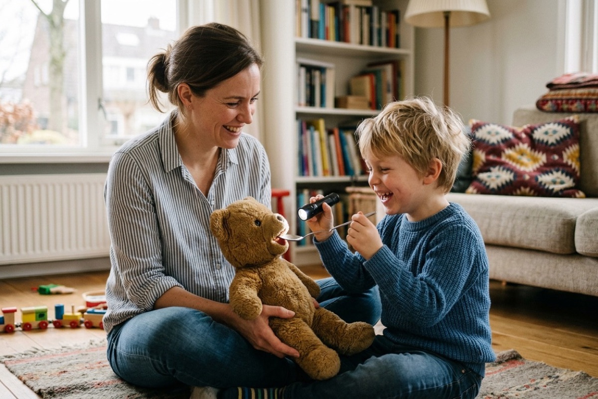 Ouder en kind oefenen thuis met een knuffel een tandartsbezoek met een zaklamp en een lepel.
