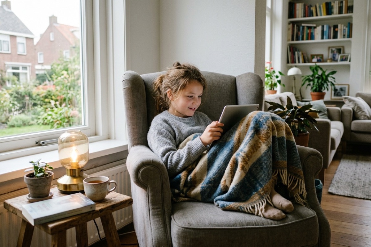 Kind kijkt naar een tablet in een knusse stoel met dekentje en een lampje aan in lichte woonkamer.