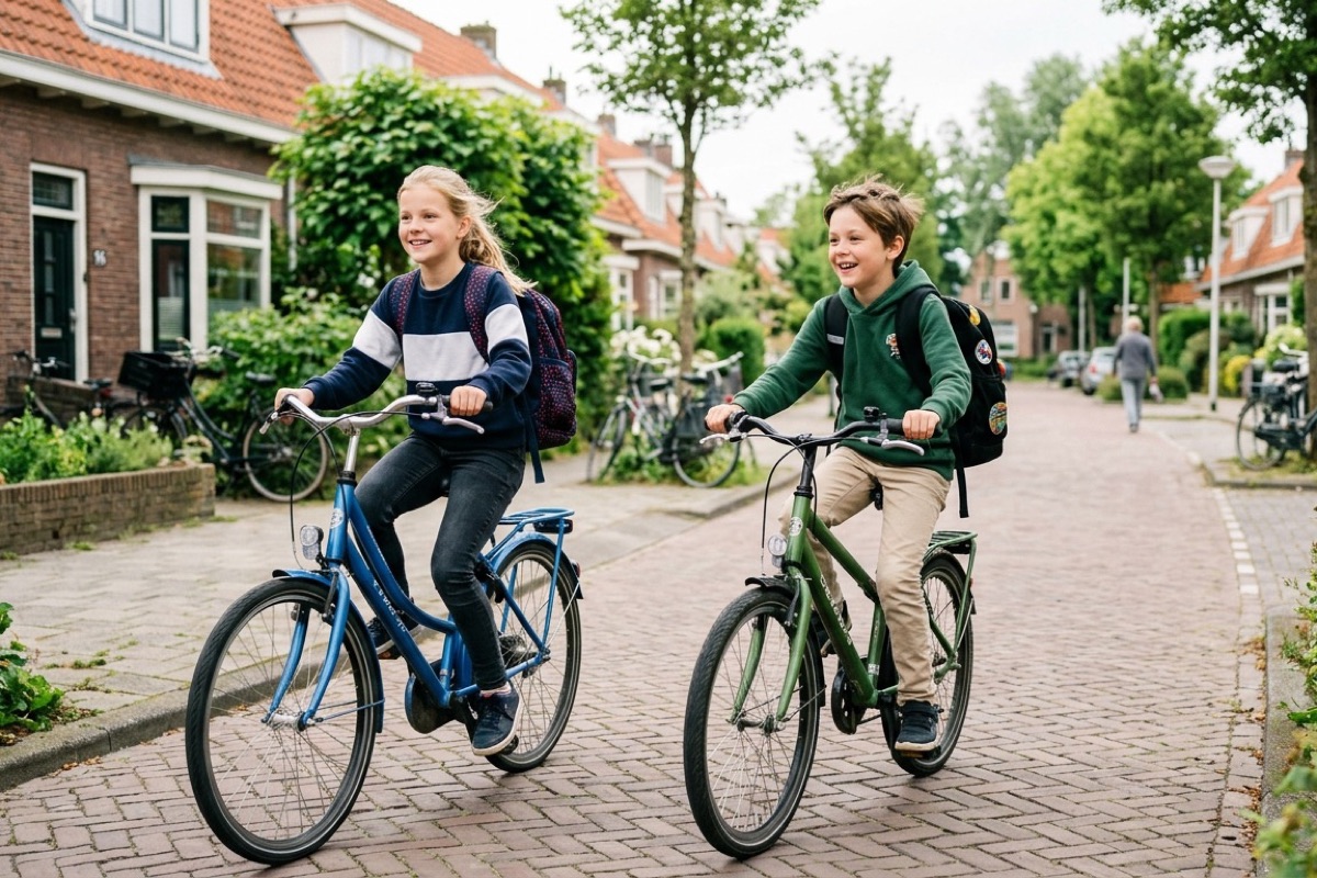 Twee kinderen fietsen samen op een rustige Nederlandse woonstraat met rugzakken op weg naar school.