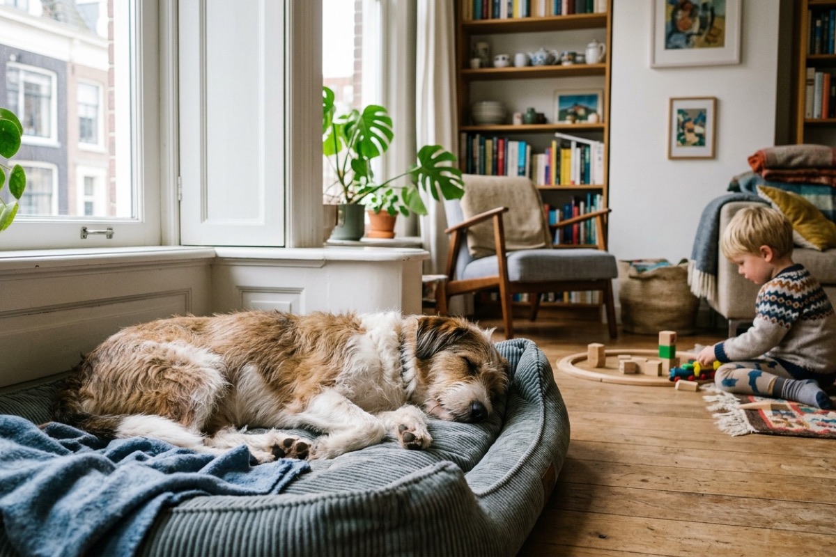 Een hond slaapt rustig op zijn hondenmand in een hoek van de woonkamer terwijl een kind op afstand speelt