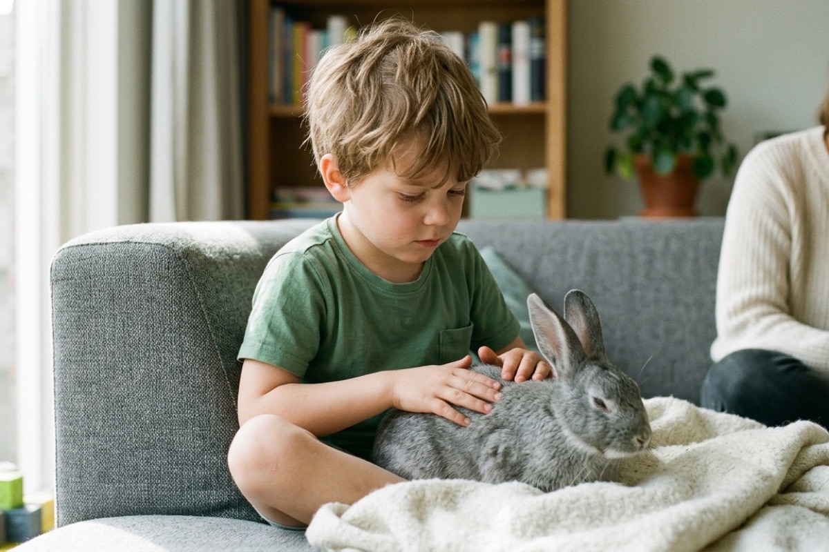 Een Nederlandse moeder en kleuter helpen samen een kat voeren in de keuken