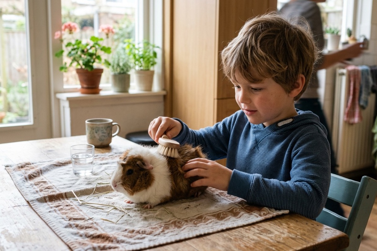 Een meisje van zeven schenkt brokken in de voerbak van de hond