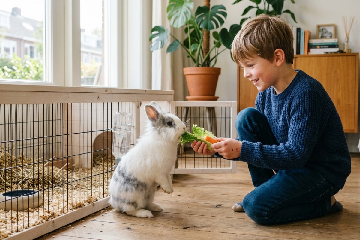 Een meisje maakt zelfstandig een hamsterkooi schoon op de keukentafel
