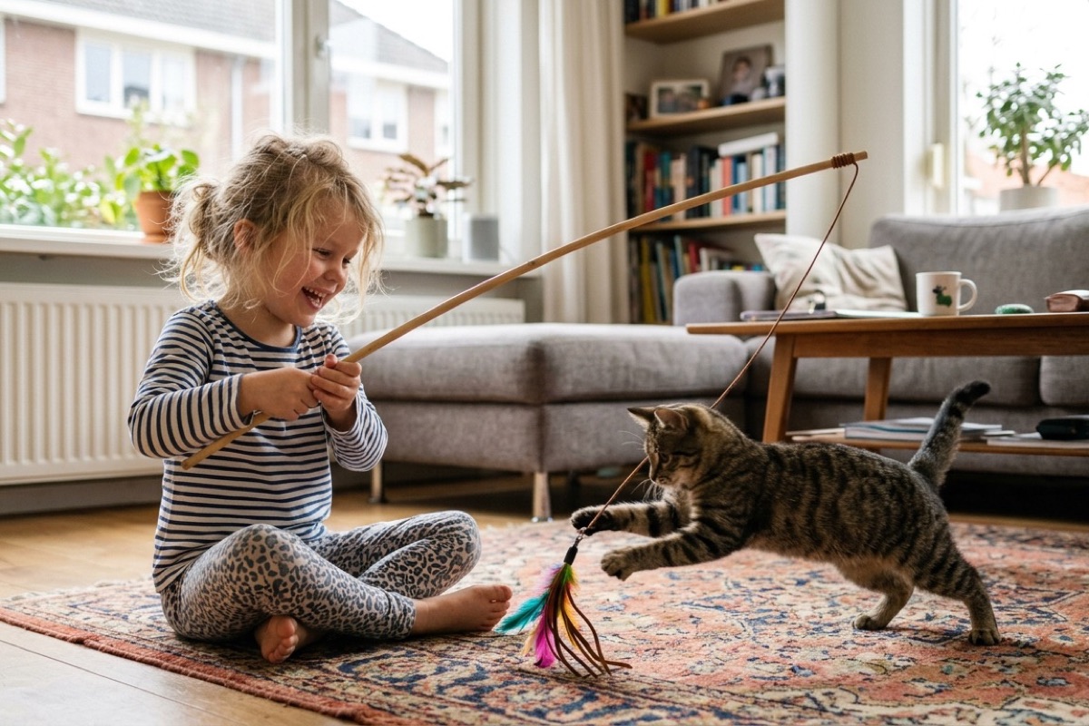 Een Nederlands kind speelt met een vrolijke kat met een lange verenstaaf in een woonkamer