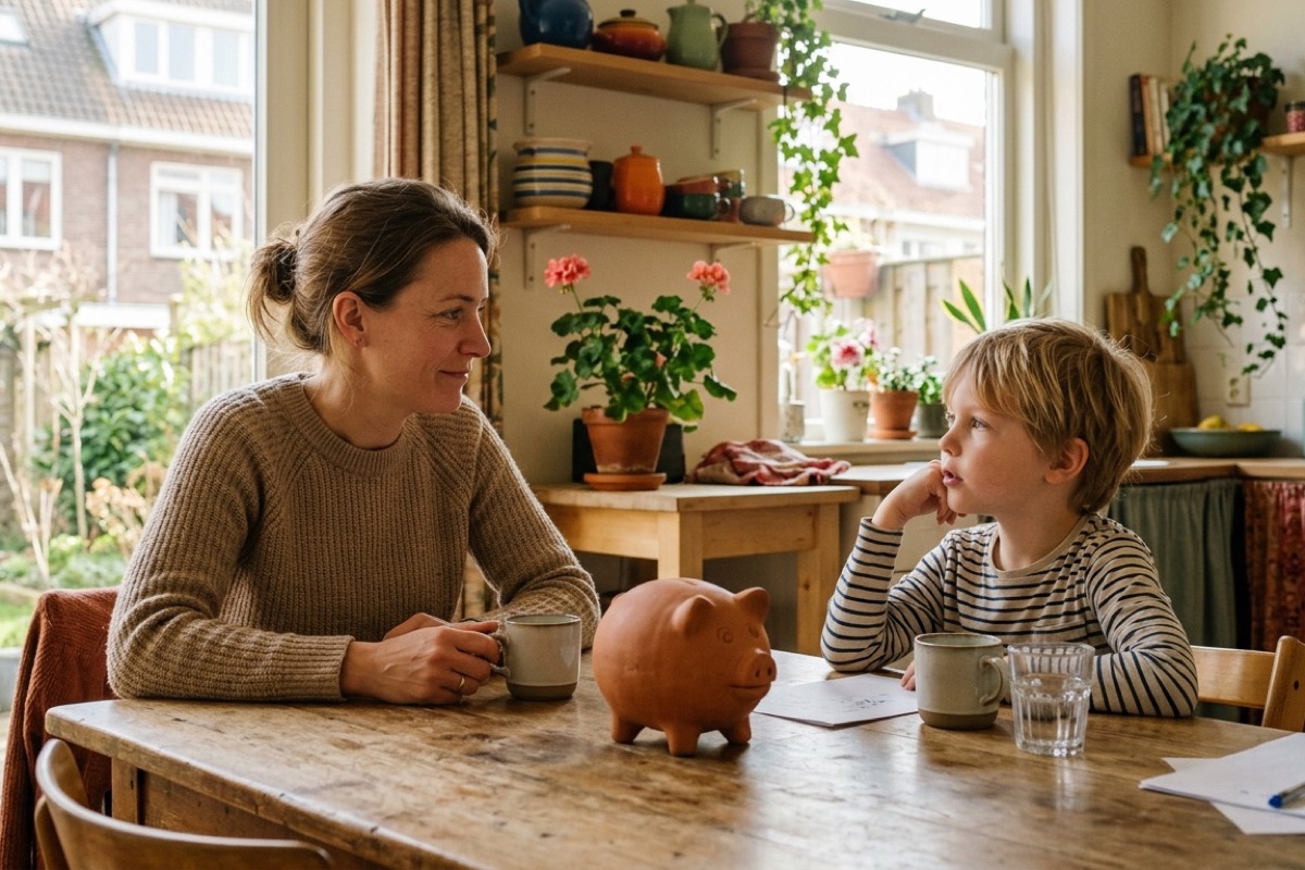 Een ouder en kind hebben rustig een gesprek aan de keukentafel met een lege spaarpot tussen hen in