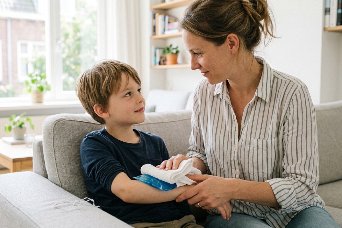 Ijspak in een theedoek wordt rustig op een arm gehouden, kind zit op de bank in lichte woonkamer.
