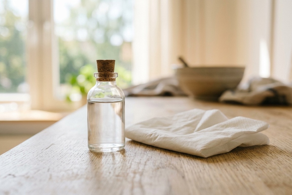 Schone fles fysiologisch zout en zachte tissue op tafel in lichte keuken met daglicht door het raam.