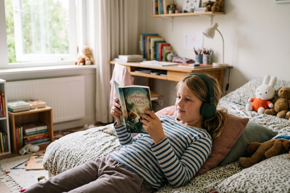 Een 9-jarig meisje ligt op haar bed met hoofdtelefoon en leest rustig een boek in haar slaapkamer
