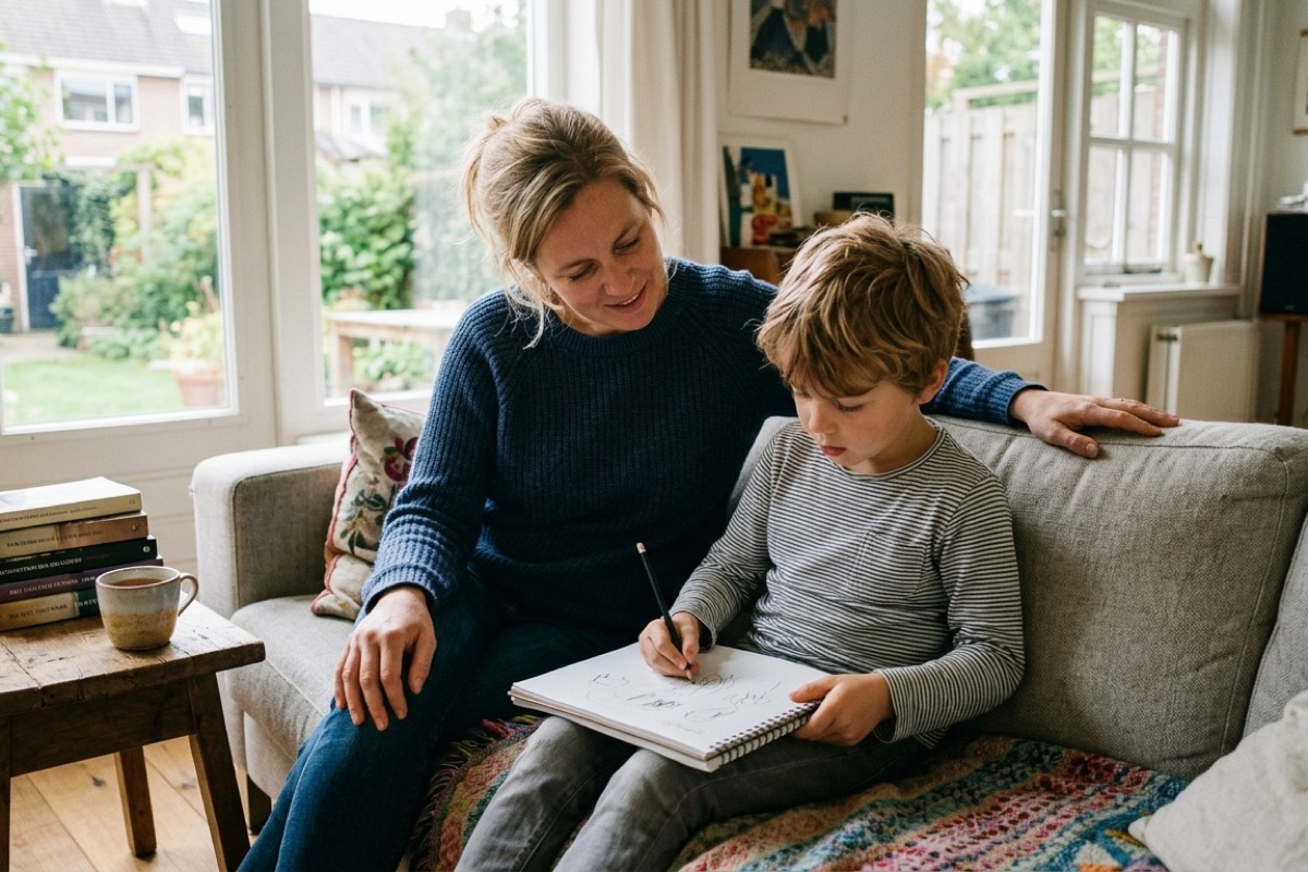 Ouder en kind zitten samen op de bank, kind tekent in een schrift terwijl ouder naast zit en luistert.