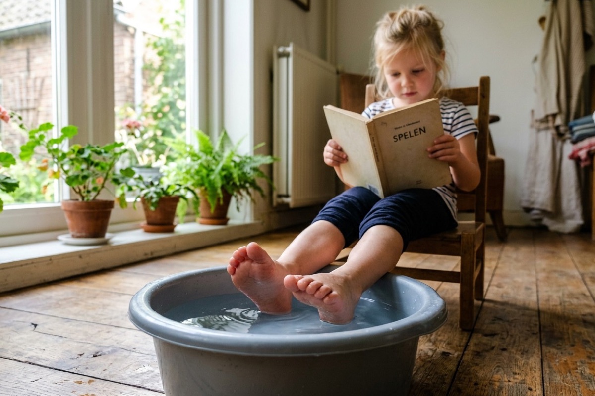 Een ouder legt een natte washand op de nek van een kind in een lichte Nederlandse keuken
