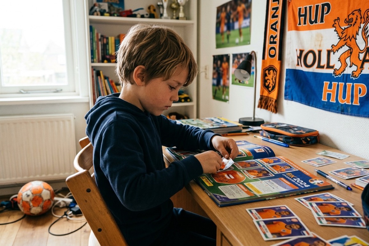 Een kind plakt voetbal-stickers in een verzamelalbum op het bureau in zijn slaapkamer