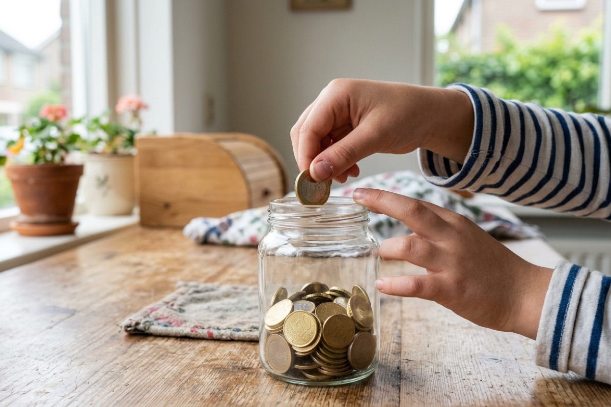 Een kinderhand laat een euromunt in een glazen spaarpot vallen op een houten keukentafel bij daglicht