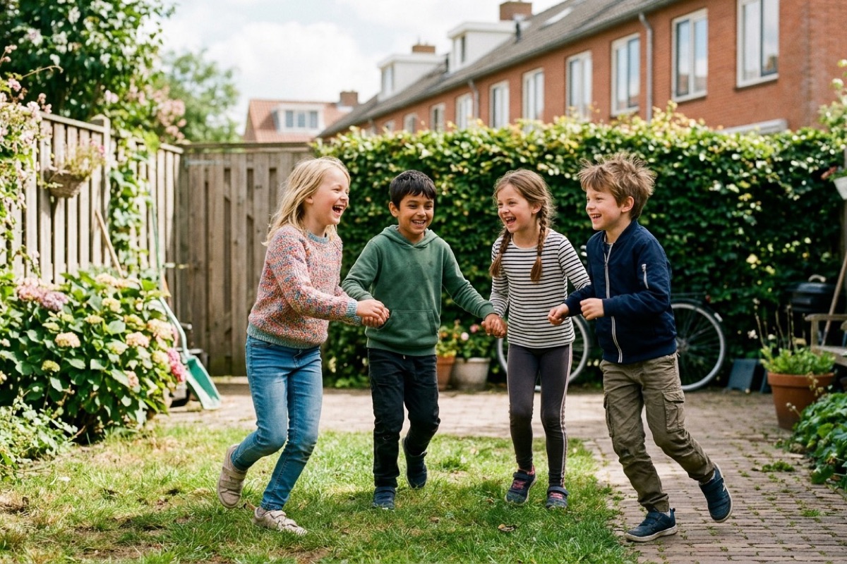 Een vrolijke groep van vier Nederlandse kinderen rond de negen jaar speelt samen tikkertje in een zonnige Nederlandse achtertuin.
