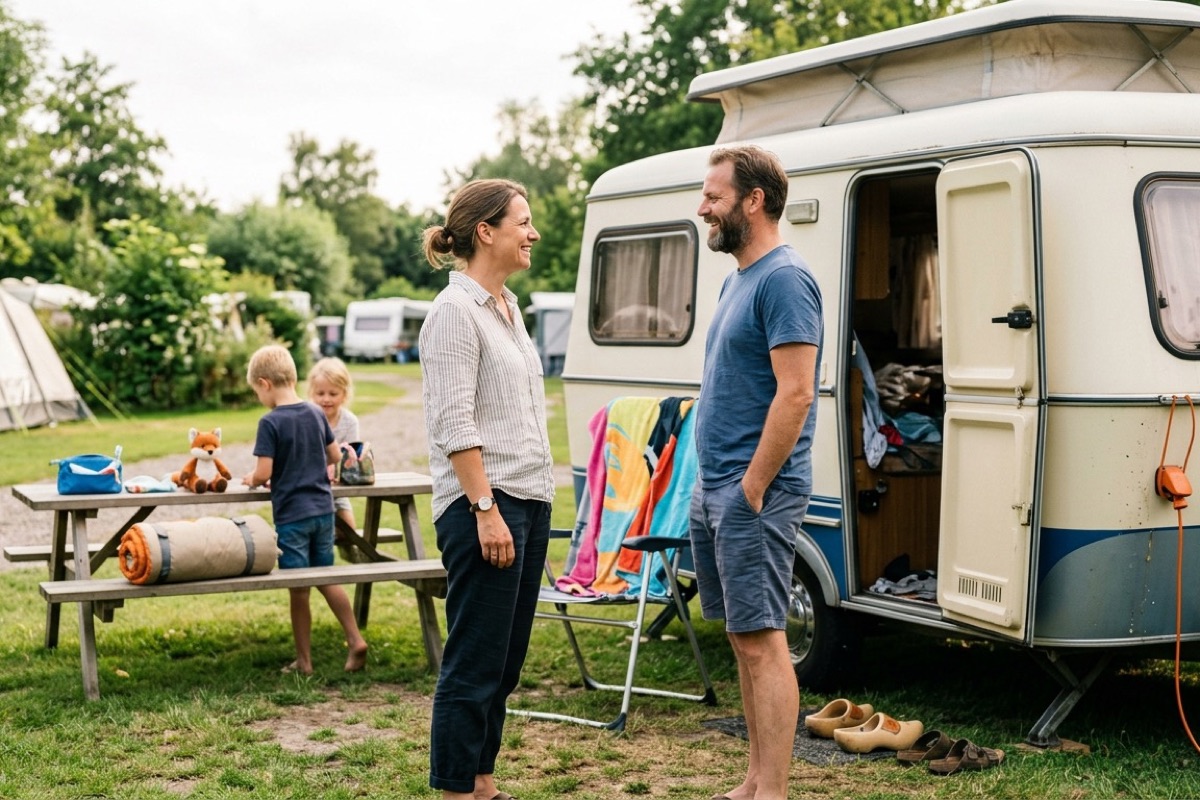 Twee ouders praten ontspannen bij een caravan terwijl twee kinderen op de achtergrond rommel verzamelen voor een logeerpartij.
